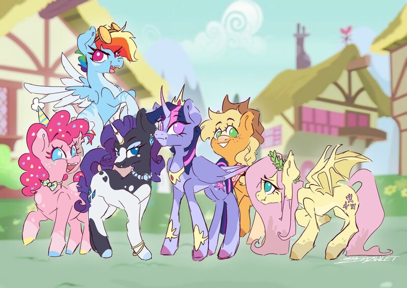 Size: 1754x1240 | Tagged: safe, artist:zer0wlet, derpibooru import, applejack, fluttershy, pinkie pie, rainbow dash, rarity, twilight sparkle, twilight sparkle (alicorn), alicorn, bat pony, earth pony, pegasus, pony, unicorn, alternate design, alternate hairstyle, applejack's hat, bandana, bat ponified, bat wings, blurry background, bowtie, bracelet, coat markings, confetti, cowboy hat, crouching, crown, curly mane, curly tail, curved horn, ear piercing, earring, ears up, eyebrows, eyebrows visible through hair, fangs, floral head wreath, flower, flutterbat, flying, freckles, goggles, group, group photo, hat, hoof polish, hooves, horn, horn ring, image, jewelry, jpeg, lidded eyes, long mane, long tail, looking at someone, looking at you, mane six, multicolored freckles, multicolored hooves, necklace, no pupils, open mouth, party hat, piercing, ponytail, race swap, raised eyebrows, raised hoof, regalia, ring, screencap background, short mane, signature, smiling, spots, spread wings, tail, teeth, tongue out, twitterina design, unshorn fetlocks, wings