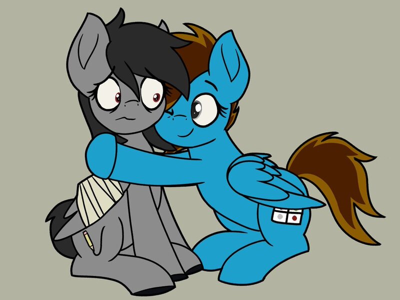 Size: 900x675 | Tagged: safe, artist:memeancholy, derpibooru import, oc, oc:penstroke, pegasus, pony, bandage, bandaged wing, female, hug, image, jpeg, mare, wings