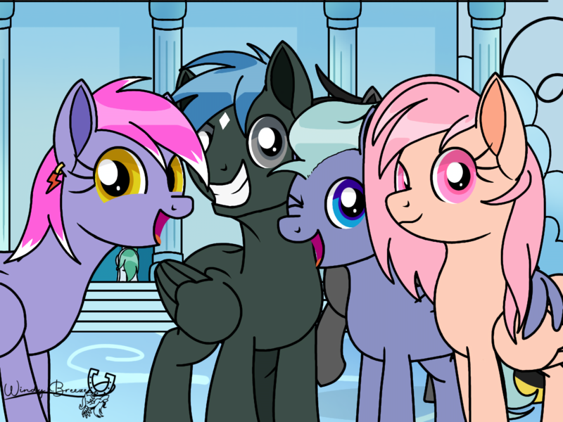 Size: 2048x1536 | Tagged: safe, artist:windy breeze, derpibooru import, oc, unofficial characters only, pony, fallout equestria, best friends, black coat, blue eyes, cloud city, coat markings, dashite, ear piercing, earring, facial markings, female, foreshadowing, golden eyes, gray coat, gray eyes, green tail, grin, group photo, happy, height difference, image, jewelry, looking at you, male, mare, one eye closed, piercing, pink eyes, png, purple coat, signature, smiling, smiling at you, stallion, star (coat marking), tail, white coat, wing hold, wings, wink, winking at you