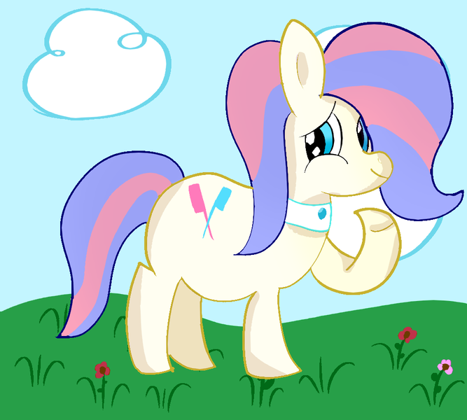 Size: 1000x900 | Tagged: safe, artist:leakypipes, derpibooru import, bonna fide, glamour gleam, crystal pony, cloud, flower, grass, image, looking at you, png, request, requested art, requester:reversalmushroom, sky, smiling