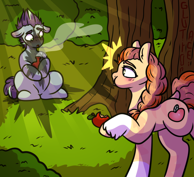 Size: 1895x1733 | Tagged: safe, artist:sexygoatgod, derpibooru import, oc, unofficial characters only, earth pony, hybrid, pony, zony, apple, duo, eating, explosion, food, forest, image, png, potion, surprised, tree