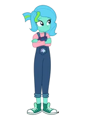 Size: 1640x2360 | Tagged: safe, artist:reececup11, derpibooru import, oc, oc:topaz glimmer, unofficial characters only, human, equestria girls, equestria girls (movie), blue eyes, blue hair, closed mouth, clothes, cutie mark, cutie mark on clothes, equestria girls oc, equestria girls-ified, eyebrows, female, frown, green hair, humanized, image, looking at someone, looking at something, outfit, overalls, png, signature, simple background, smiling, solo, transparent background, woman