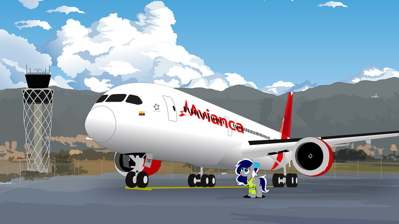 Size: 4000x2250 | Tagged: safe, artist:ponyrailartist, derpibooru import, oc, oc:sofia reds, avianca, boeing, boeing 787, high res, image, plane, png