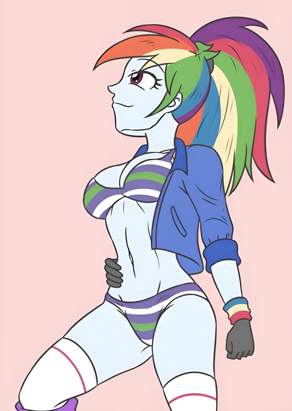 Size: 2560x3596 | Tagged: questionable, artist:sumin6301, derpibooru import, rainbow dash, equestria girls, arms, background, belly, blue jacket, blushing, blushing profusely, breasts, busty rainbow dash, cameltoe, cleavage, clothes, eye, eyebrows, eyebrows visible through hair, eyelashes, eyes, fingers, gloves, grabbing, hand, hand on stomach, high res, image, imminent masturbation, jacket, jpeg, looking at you, looking to the left, no pants, no shirt, open mouth, panties, pink background, purple eyes, sideways glance, simple background, skin, socks, sports panties, standing, standing tall, stomach, striped bra, striped panties, striped socks, striped underwear, stupid sexy rainbow dash, thigh highs, thighs, through clothes, through panties, through underwear, underwear, unzipped coat, wristband