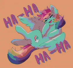 Size: 1200x1114 | Tagged: safe, artist:twinkesss, derpibooru import, rainbow dash, pegasus, pony, butt fluff, eyebrows, eyebrows visible through hair, eyes closed, female, ha ha, image, jpeg, laughing, lying down, mare, on back, open mouth, open smile, orange background, simple background, smiling, solo, underhoof