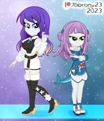 Size: 1597x1860 | Tagged: safe, artist:tabrony23, derpibooru import, rarity, sweetie belle, human, shark, equestria girls, angry, boots, clothes, cosplay, costume, cute, female, gawr gura (hololive), high heel boots, high res, hololive, image, looking at you, moona hoshinova (hololive), png, shoes, smiling, smiling at you, sweetie belle is not amused, unamused, vtuber