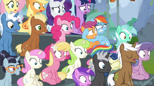 Size: 520x293 | Tagged: safe, derpibooru import, screencap, amethyst star, applejack, dark moon, fluttershy, graphite, lily, lily valley, meadow song, mochaccino, pinkie pie, pokey pierce, rainbow dash, rare find, rarity, scootaloo, twilight sparkle, twilight sparkle (alicorn), twinkleshine, unnamed character, unnamed pony, alicorn, earth pony, pegasus, pony, unicorn, season 8, the washouts (episode), spoiler:s08, gif, image