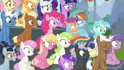 Size: 520x293 | Tagged: safe, derpibooru import, screencap, amethyst star, applejack, dark moon, fluttershy, graphite, lily, lily valley, meadow song, mochaccino, pinkie pie, pokey pierce, rainbow dash, rare find, rarity, scootaloo, twilight sparkle, twilight sparkle (alicorn), twinkleshine, unnamed character, unnamed pony, alicorn, earth pony, pegasus, pony, unicorn, season 8, the washouts (episode), spoiler:s08, gif, image