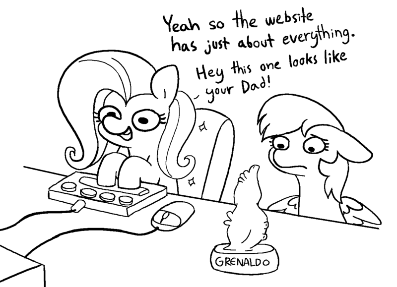 Size: 1443x1044 | Tagged: questionable, artist:tjpones, derpibooru import, fluttershy, rainbow dash, pegasus, pony, bad dragon, black and white, computer, computer mouse, dialogue, dildo, duo, duo female, female, floppy ears, frown, grayscale, image, implied bow hothoof, keyboard, mare, monochrome, open mouth, open smile, png, sex toy, simple background, smiling, white background