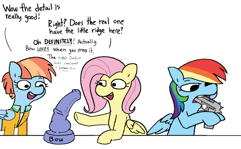 Size: 1223x758 | Tagged: questionable, artist:tjpones, derpibooru import, fluttershy, rainbow dash, windy whistles, pegasus, pony, bad dragon, dialogue, dildo, embarrassed, female, gun, handgun, hoof hold, horsecock dildo, image, implied bow hothoof, implied suicide, open mouth, open smile, pistol, png, pointing, sex toy, simple background, smiling, trio, trio female, weapon, white background