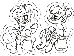 Size: 2629x2000 | Tagged: safe, derpibooru import, official, cheerilee, pinkie pie, earth pony, pony, .svg available, bag, bipedal, black and white, clothes, coloring page, crown, dotted line, duo, duo female, female, grayscale, image, jewelry, lidded eyes, mare, mask, monochrome, png, regalia, simple background, skirt, transparent background, vector
