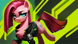 Size: 2688x1536 | Tagged: safe, derpibooru import, machine learning generated, stable diffusion, pinkie pie, earth pony, pony, abstract background, ai content, clothes, cyberpunk, cyberpunk 2077, female, generator:pony diffusion v5, image, jacket, jpeg, looking at you, mare, pinkamena diane pie, prompter:siber, smiling, smiling at you, solo, walking