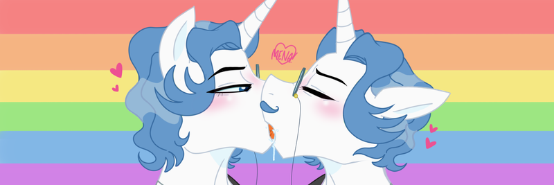 Size: 1500x500 | Tagged: suggestive, artist:dsstoner, derpibooru import, fancypants, pony, unicorn, blushing, blushing profusely, drool, drool string, gay, gay pride flag, heart, image, kiss on the lips, kissing, lidded eyes, making out, male, png, pride, pride flag, rainbow, self paradox, self ponidox, selfcest, shipping, stallion, stallion on stallion