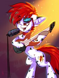 Size: 1200x1600 | Tagged: safe, artist:falafeljake, derpibooru import, oc, unofficial characters only, earth pony, pony, bipedal, commission, earth pony oc, eyebrows, eyebrows visible through hair, glasses, guitar, image, jpeg, microphone, musical instrument, open mouth, signature, solo