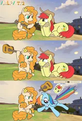 Size: 1360x2013 | Tagged: safe, derpibooru import, bright mac, pear butter, rainbow dash, earth pony, pegasus, pony, /mlp/ tf2 general, 3 panel comic, comic, engineer, guitar, hat, image, killfeed, marevest, musical instrument, png, prank, spy, team fortress 2, text
