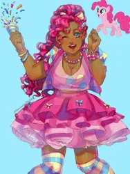 Size: 750x1000 | Tagged: safe, artist:mariam246810, derpibooru import, pinkie pie, earth pony, human, pony, alternate hairstyle, blue background, blushing, bow, bracelet, clothes, dark skin, deviantart watermark, ear piercing, earring, female, hair bow, humanized, image, jewelry, jpeg, mare, nail polish, necklace, obtrusive watermark, one eye closed, party popper, piercing, simple background, skirt, socks, solo, striped socks, tanktop, vest, watermark, wink