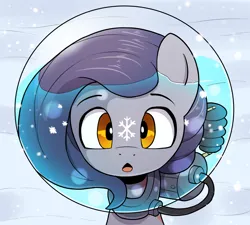 Size: 1332x1200 | Tagged: safe, artist:ahobobo, derpibooru import, oc, oc:bluegill brine, unofficial characters only, pony, seapony (g4), fanfic art, female, fishbowl, helmet, image, looking up, mare, open mouth, png, snow, snowflake, solo, water