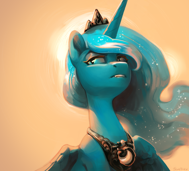 Size: 2310x2100 | Tagged: safe, artist:jewellier, derpibooru import, princess luna, alicorn, pony, crown, fangs, female, image, jewelry, limited palette, looking away, mare, png, regalia, simple background, slit pupils, solo