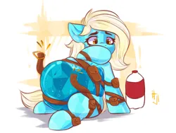 Size: 1600x1200 | Tagged: suggestive, artist:falafeljake, derpibooru import, oc, oc:sapphire oasis, unofficial characters only, crystal pony, pony, belly, belt, belts, big belly, bloated, bottle, bubble, clothes, clothing damage, commission, concerned, crystal pony oc, female, fetish, huge belly, image, inflation, png, see-through, simple background, sitting, soda bottle, soda inflation, solo, solo female, wardrobe malfunction