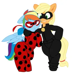 Size: 3583x3554 | Tagged: safe, artist:pabbley, color edit, derpibooru import, edit, applejack, rainbow dash, earth pony, pegasus, semi-anthro, angry, bipedal, chat noir, clothes, colored, cosplay, costume, duo, female, floppy ears, freckles, g4, grin, hoof on shoulder, human shoulders, image, ladybug (miraculous ladybug), miraculous ladybug, png, rainbow dash is not amused, simple background, smiling, unamused, white background
