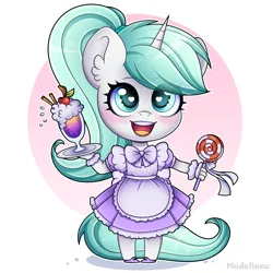 Size: 4000x4000 | Tagged: safe, artist:madelinne, derpibooru import, oc, oc:nine the divine, unofficial characters only, anthro, unicorn, candy, chibi, clothes, crossdressing, cute, dress, drink, food, horn, image, lollipop, maid, png, solo, unicorn oc