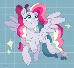 Size: 2351x2166 | Tagged: safe, artist:skysorbett, derpibooru import, oc, oc:sky sorbet, unofficial characters only, pegasus, pony, bow, female, hair bow, image, mare, multicolored hair, multicolored mane, pegasus oc, png, simple background, smiling, solo, sparkles, spread wings, wings