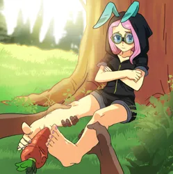 Size: 3036x3054 | Tagged: suggestive, alternate version, artist:dalsegno, derpibooru import, fluttershy, equestria girls, carrot, clothes, costume, dangerous mission outfit, feet, fetish, food, foot fetish, goggles, hoodie, image, png, sitting, tree