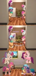 Size: 1556x3240 | Tagged: safe, artist:red4567, derpibooru import, hitch trailblazer, izzy moonbow, pipp petals, sunny starscout, zipp storm, earth pony, pegasus, pony, unicorn, g5, 3d, comic, fail, falling, image, mane five, peeking, plant, png, source filmmaker, straining