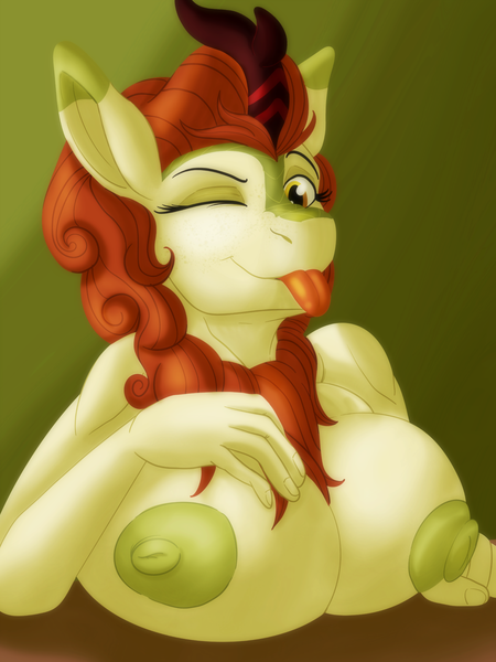 Size: 2100x2800 | Tagged: questionable, artist:sixes&sevens, derpibooru import, autumn blaze, kirin, breasts, bust, busty autumn blaze, female, image, looking at you, one eye closed, png, solo, tongue out, wink, winking at you