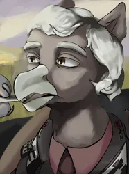 Size: 2340x3150 | Tagged: safe, artist:fly over, derpibooru import, oc, gryphon, equestria at war mod, bust, cigarette, claw, clothes, flower, griffon oc, image, male, necktie, png, portrait, rose, smoking, suit, tired, uniform, white hair