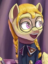 Size: 2184x2940 | Tagged: safe, artist:fly over, derpibooru import, oc, pegasus, pony, equestria at war mod, book, braided pigtails, bust, female, glasses, image, looking away, mare, png, pony oc, portrait, smiling