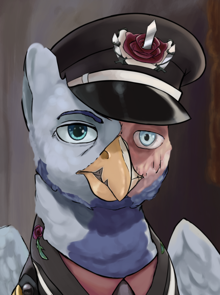 Size: 2189x2941 | Tagged: safe, artist:fly over, derpibooru import, oc, oc:conrad silvertalon, unofficial characters only, gryphon, equestria at war mod, bust, cap, clothes, griffon oc, hat, image, looking at you, male, necktie, png, portrait, scar, uniform