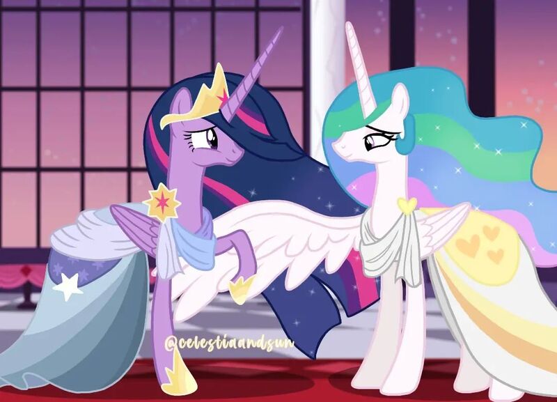 Size: 1080x779 | Tagged: safe, artist:thesunalicorn, derpibooru import, princess celestia, twilight sparkle, twilight sparkle (alicorn), alicorn, pony, the last problem, ballroom, clothes, dress, duo, duo female, female, greeting, image, jpeg, mare, older, older twilight, signature, stars, sunset, window