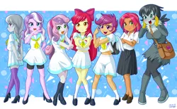 Size: 6110x3780 | Tagged: safe, artist:uotapo, apple bloom, babs seed, diamond tiara, gabby, scootaloo, silver spoon, sweetie belle, equestria girls, abstract background, adorababs, adorabloom, amber eyes, apple bloom's bow, bag, barrette, belly button, belt, bike shorts, blouse, blue eyes, blushing, boots, bow, braid, breasts, busty gabby, clothes, crossed arms, cute, cutealoo, cutie mark, cutie mark crusaders, cutie mark on clothes, diamondbetes, diasweetes, dress, ear piercing, equestria girls-ified, eyelashes, female, flats, freckles, gabbybetes, gloves, green eyes, hair bow, heart in mouth, high heel boots, high heels, high res, image, knees pressed together, kneesocks, leggings, legs, lips, meganekko, midriff, neckerchief, noblewoman's laugh, open mouth, piercing, pleated skirt, ponytail, pretty sailor crew, purple eyes, sailor uniform, school uniform, schoolgirl, shirt, shoes, silverbetes, skirt, socks, squee, thigh highs, uniform, zettai ryouiki