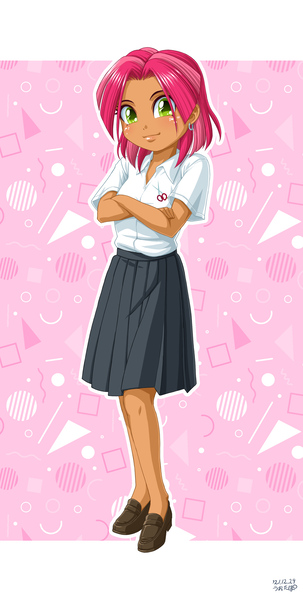 Size: 1890x3741 | Tagged: safe, artist:uotapo, babs seed, equestria girls, abstract background, barrette, belly button, bow, clothes, cute, dress, female, gloves, hair bow, image, jpeg, pretty sailor crew, sailor uniform, school uniform, schoolgirl, shoes, skirt, socks, uniform