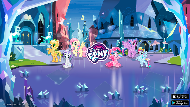 Size: 2560x1440 | Tagged: safe, derpibooru import, official, applejack, fluttershy, pinkie pie, rainbow dash, rarity, twilight sparkle, twilight sparkle (alicorn), alicorn, crystal pony, earth pony, pegasus, pony, unicorn, crystal empire, crystallized, female, g4, gameloft, image, mane six, mare, my little pony logo, my little pony: magic princess, png, video game, youtube banner