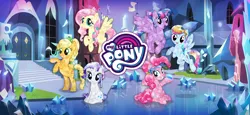 Size: 1666x768 | Tagged: safe, derpibooru import, official, applejack, fluttershy, pinkie pie, rainbow dash, rarity, twilight sparkle, twilight sparkle (alicorn), alicorn, crystal pony, earth pony, pegasus, pony, unicorn, crystal empire, crystallized, female, g4, gameloft, image, loading screen, mane six, mare, my little pony logo, my little pony: magic princess, png, video game