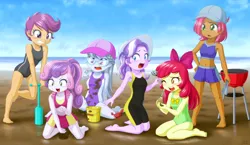 Size: 6401x3723 | Tagged: safe, artist:uotapo, apple bloom, babs seed, diamond tiara, scootaloo, silver spoon, sweetie belle, crab, equestria girls, barefoot, beach, behaving like a dog, blushing, bucket, cap, clam, clothes, cute, cutie mark crusaders, digging, dirt, ear piercing, earring, feet, female, grill, hat, high res, image, jewelry, jpeg, midriff, ocean, one eye closed, one-piece swimsuit, open mouth, piercing, ponytail, sand, shorts, sun hat, swimsuit, this already ended in pain, tongs, uotapo is trying to murder us