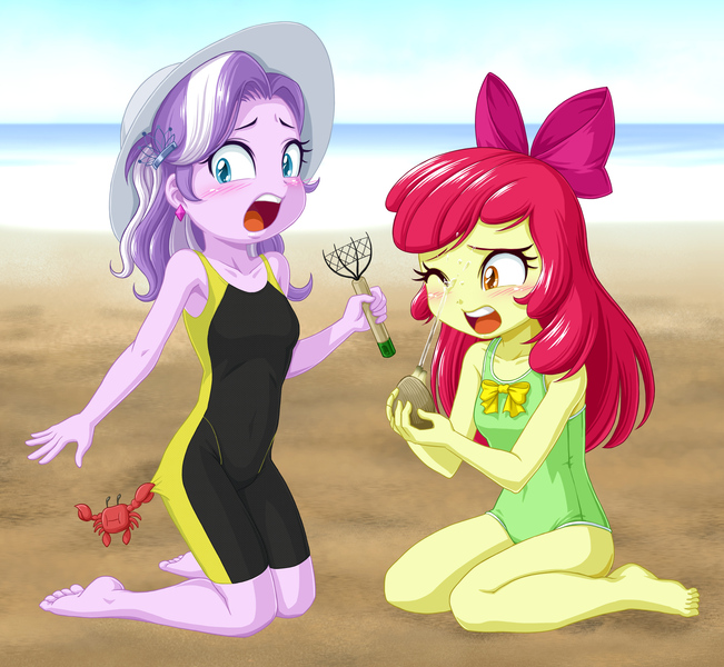 Size: 3014x2779 | Tagged: safe, artist:uotapo, apple bloom, diamond tiara, crab, equestria girls, barefoot, beach, blushing, clam, clothes, cute, ear piercing, earring, feet, female, hat, image, jewelry, jpeg, ocean, one eye closed, open mouth, piercing, sand, sun hat, swimsuit, this already ended in pain, uotapo is trying to murder us