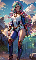 Size: 1248x2048 | Tagged: safe, artist:neondash, derpibooru import, machine learning generated, princess celestia, human, ai content, captain marvel (marvel), crossover, dc comics, generator:seaart.ai, humanized, image, marvel, marvel comics, png, prompter:neondash, sky, solo, supergirl