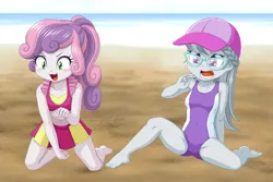 Size: 3662x2443 | Tagged: safe, artist:uotapo, silver spoon, sweetie belle, equestria girls, barefoot, beach, behaving like a dog, blushing, cap, clothes, cute, digging, feet, female, hat, image, jpeg, midriff, ocean, open mouth, ponytail, sand, swimsuit, this already ended in pain, uotapo is trying to murder us