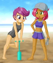 Size: 2851x3419 | Tagged: safe, artist:uotapo, babs seed, scootaloo, equestria girls, barefoot, beach, blushing, cap, clothes, cute, digging, feet, female, hat, image, jpeg, midriff, ocean, one-piece swimsuit, open mouth, sand, shorts, sun hat, swimsuit, this already ended in pain, tongs, uotapo is trying to murder us
