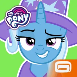 Size: 512x512 | Tagged: safe, derpibooru import, official, trixie, pony, unicorn, app icon, clothes, female, g4, gameloft, green background, hat, image, mare, my little pony logo, my little pony: magic princess, png, simple background, solo, trixie's hat