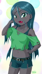Size: 2323x4007 | Tagged: safe, artist:uotapo, queen chrysalis, equestria girls, belly button, belt, blushing, clothes, compression shorts, cute, cute little fangs, cutealis, denim shorts, equestria girls-ified, fangs, image, jpeg, legs, looking at you, midriff, open mouth, short shirt, shorts, thighs, tomboy, young, younger