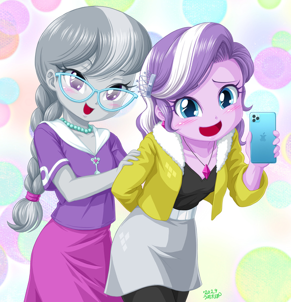 Size: 3779x3923 | Tagged: safe, artist:uotapo, derpibooru import, diamond tiara, silver spoon, equestria girls, belt, blushing, braided ponytail, clothes, cute, diamondbetes, dress, glasses, image, iphone, jewelry, jpeg, laughing, looking at you, mobile phone, necklace, open mouth, phone, silverbetes, skirt, young