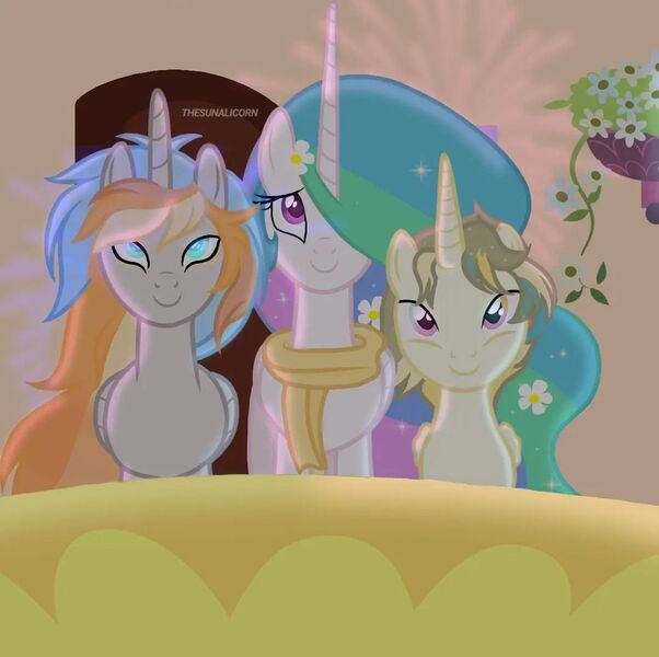 Size: 1080x1077 | Tagged: safe, artist:thesunalicorn, derpibooru import, princess celestia, oc, oc:haru, oc:jay, alicorn, pony, alicorn oc, balcony, clothes, ethereal mane, female, fireworks, flower, flower in hair, gradient eyes, horn, image, jpeg, male, mare, mother and child, mother and son, new year, parent:princess celestia, scarf, show accurate, signature, stallion, trio, vine, wings