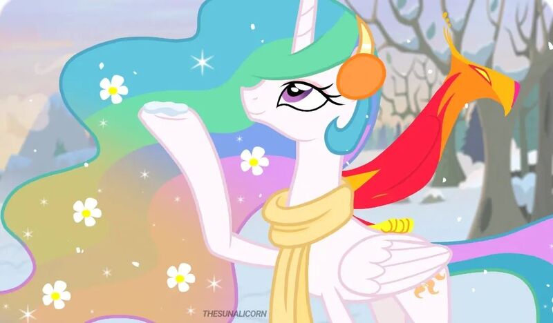 Size: 1080x632 | Tagged: safe, artist:thesunalicorn, derpibooru import, philomena, princess celestia, alicorn, phoenix, pony, clothes, dead tree, earmuffs, ethereal mane, female, flower, flower in hair, gradient mane, image, jpeg, mare, older, older princess celestia, riding, riding a pony, scarf, show accurate, signature, snow, sunset, tree, winter