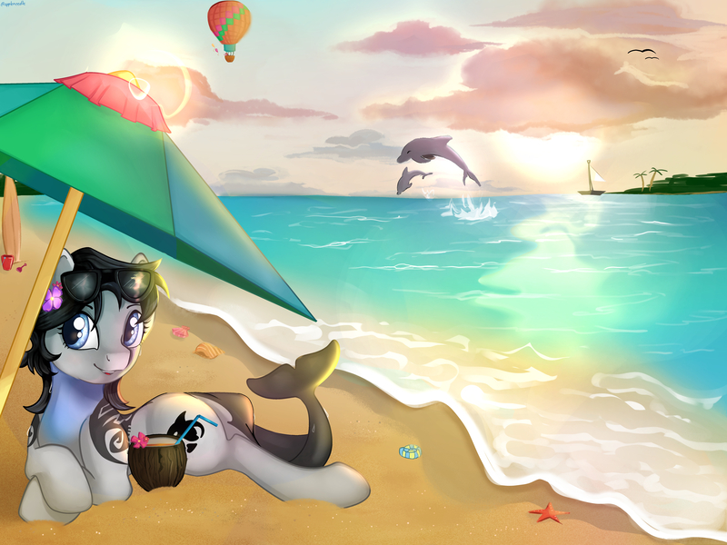 Size: 6000x4500 | Tagged: safe, artist:appleneedle, derpibooru import, oc, dolphin, orca, orca pony, original species, pony, balloon, beach, coconut, coctail, commission, digital art, food, image, jpeg, ocean, seashell, summer, sunset, umbrella, vacation, water