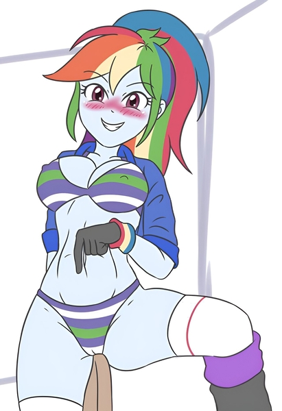 Size: 1280x1868 | Tagged: questionable, artist:sumin6301, derpibooru import, rainbow dash, equestria girls, arm behind back, black boots, blue skin, blushing, blushing profusely, boots, bra, breasts, busty rainbow dash, cameltoe, clothes, couch, eyebrows, eyebrows visible through hair, high res, image, jacket, jpeg, looking at you, masturbation, multicolored hair, on back of chair, on chair, open mouth, panties, pleasure, pointing down, ponytail, rainbow hair, rubbing, shoes, socks, sports bra, sports panties, standing, stomach, striped bra, striped panties, stupid sexy rainbow dash, thighs, through clothes, through panties, through underwear, underwear, unzipped jacket, white socks