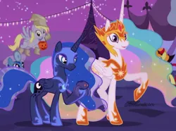 Size: 1080x803 | Tagged: safe, artist:thesunalicorn, derpibooru import, carrot top, derpy hooves, golden harvest, minuette, princess celestia, princess luna, alicorn, earth pony, pegasus, pony, unicorn, luna eclipsed, clothes, costume, daybreaker costume, dentist, devil costume, ethereal mane, female, gradient mane, image, jpeg, mare, mask, night, nightmare moon costume, nightmare night costume, paper bag, paper bag wizard, pumpkin bucket, royal sisters, show accurate, siblings, signature, sisters, stars, surgical mask